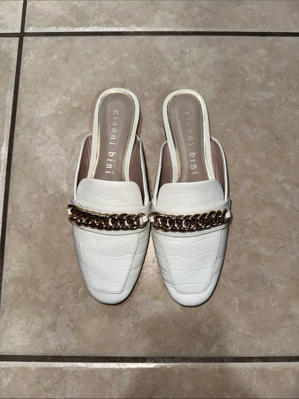 Gianni Bini White Croc-Embossed Slip-On Mules with Gold Chain
